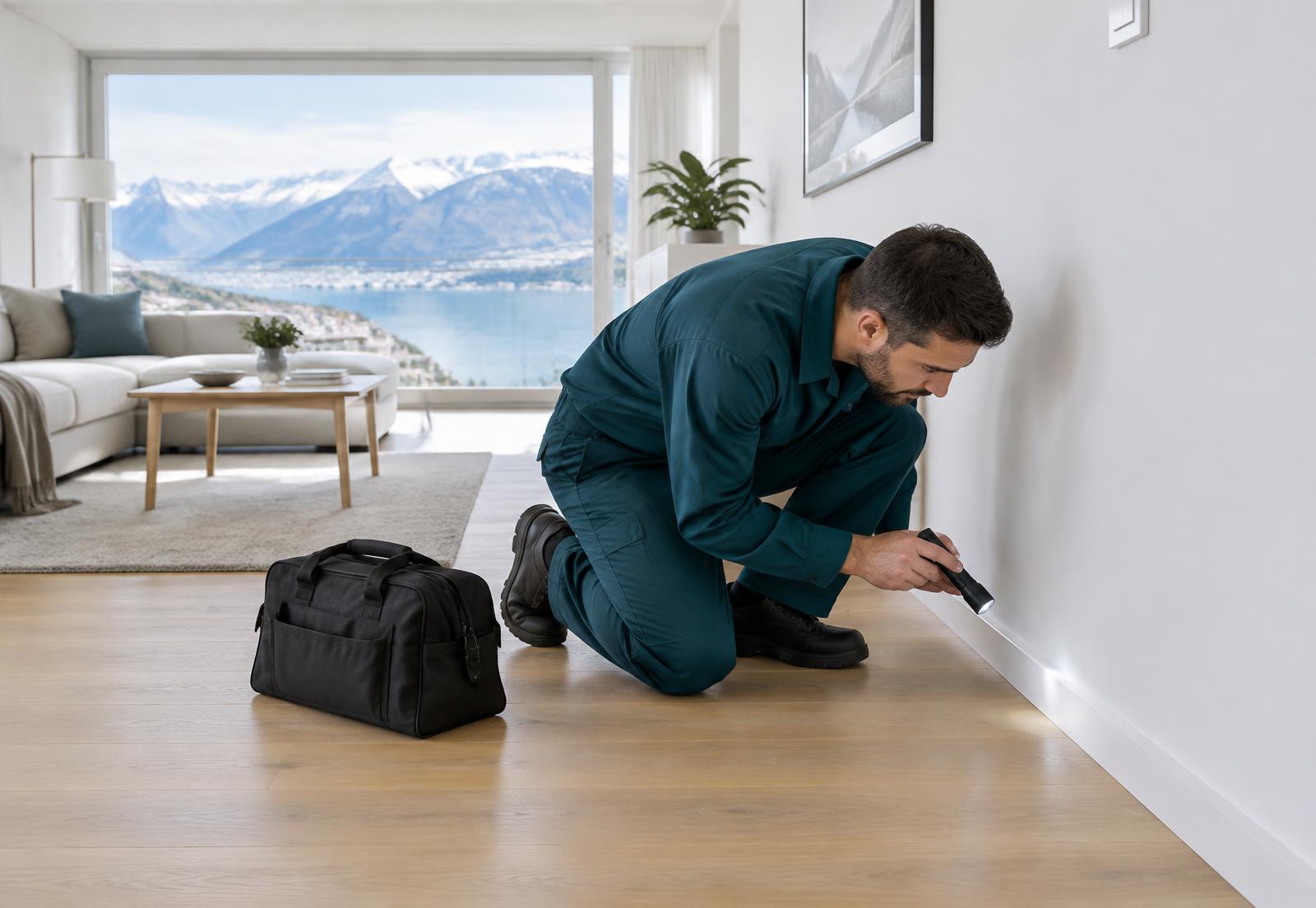 Geprüfter HALD-Profi prüft diskret eine Sockelleiste in einer hellen Wohnung